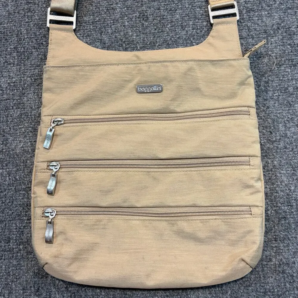 Baggallini Tan Nylon Multi Zipper Pocket Crossbody Travel Bag Lightweight Purse